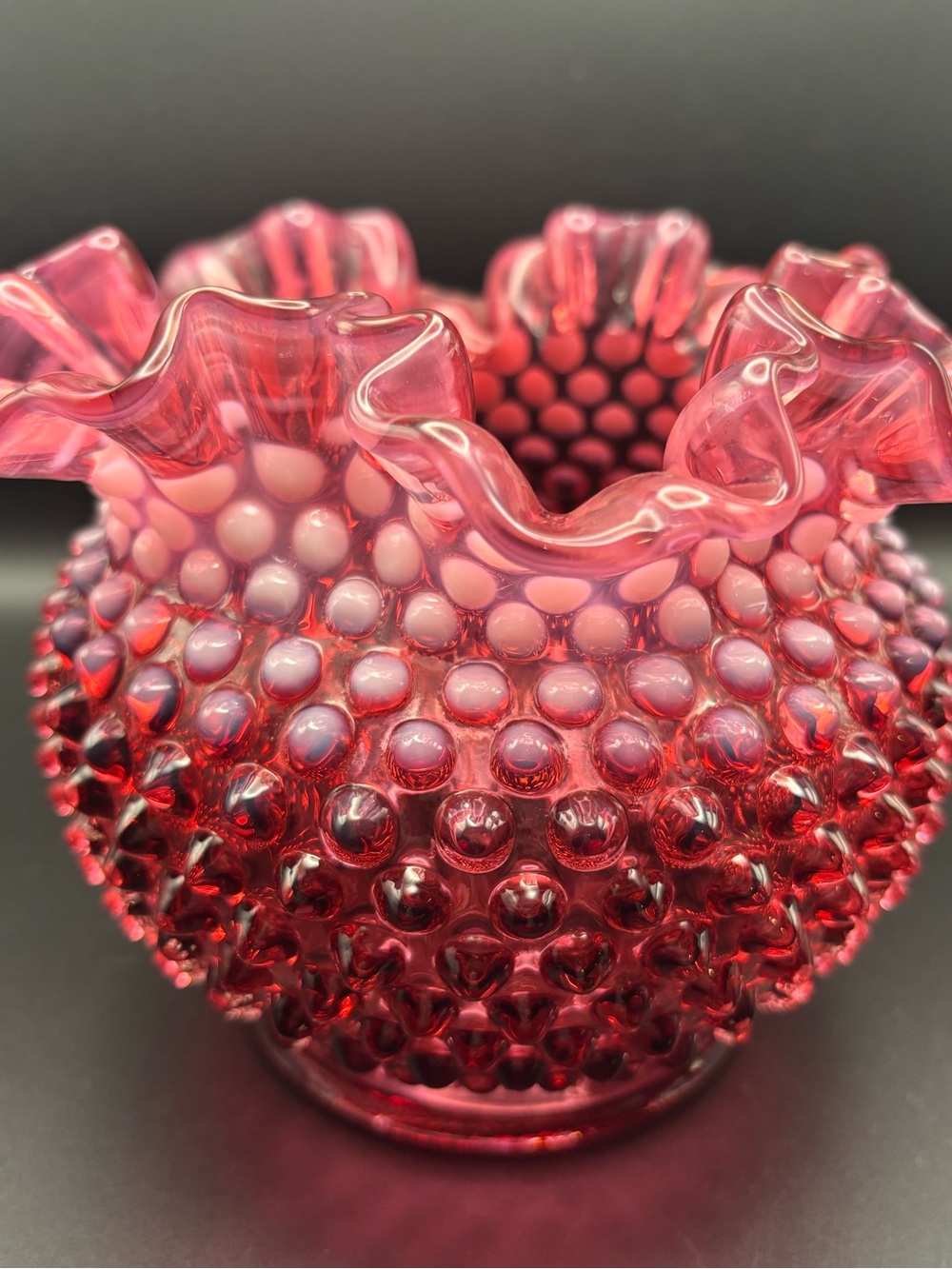 Venton Hobnail Ruffled Cranberry Glass Vase - Picture 3 of 16